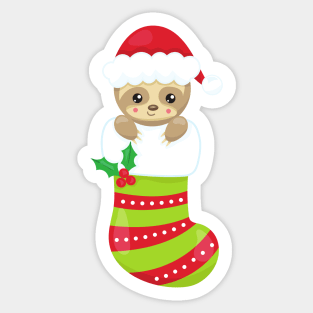 Christmas Sloth, Christmas Stocking, Santa Hat Sticker